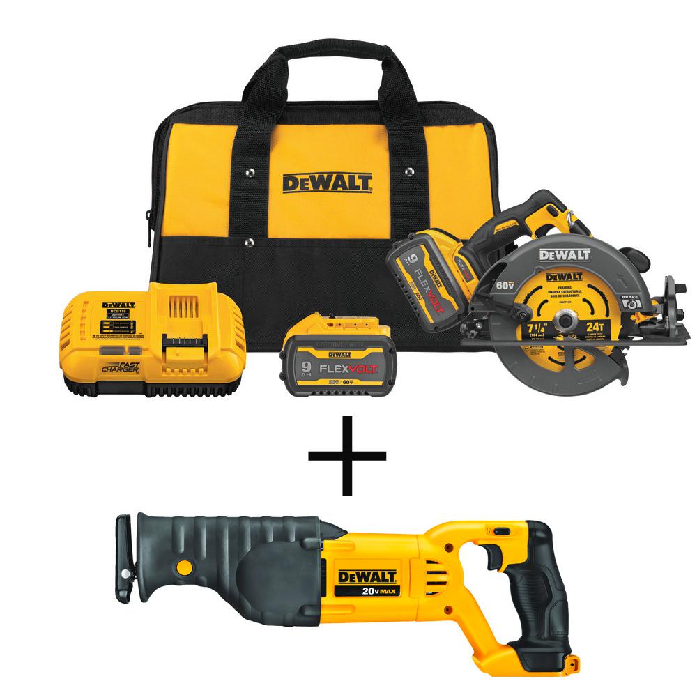 FLEXVOLT 60-Volt MAX Li-Ion 7-1/4 in. Cordless Brushless Circular Saw Kit with 20-Volt Reciprocating Saw (Tool-Only)