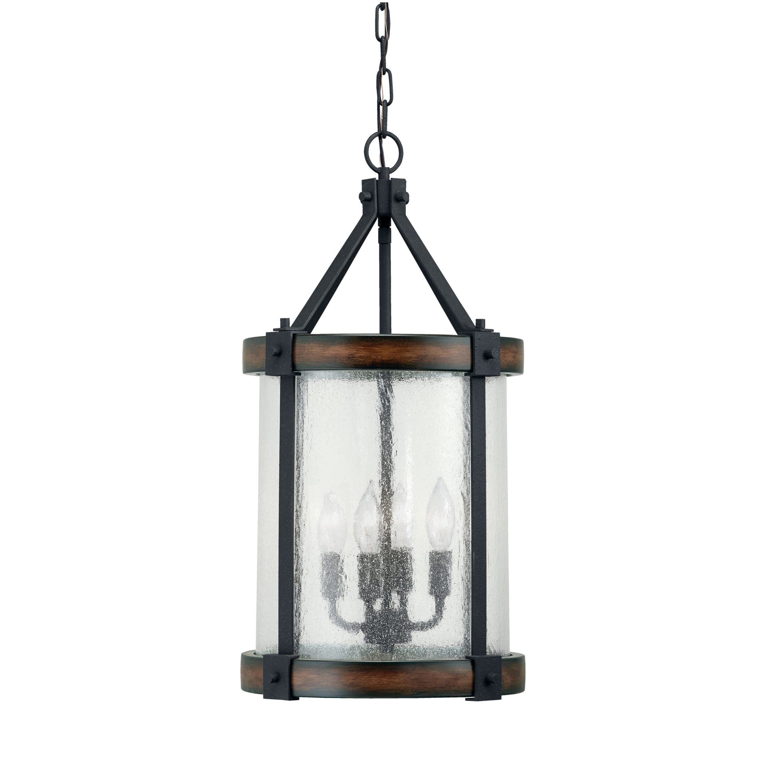 Kichler Barrington 4-Light Distressed Black and Wood Tone Rustic Seeded Glass Cylinder Medium Hanging Pendant Light