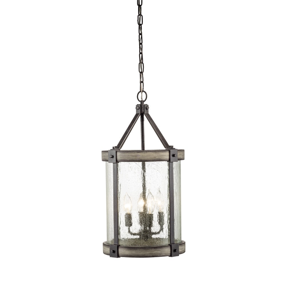 Kichler Barrington 4-Light Anvil Iron and Distressed Antique Grey Rustic Seeded Glass Cylinder Medium Hanging Pendant Light