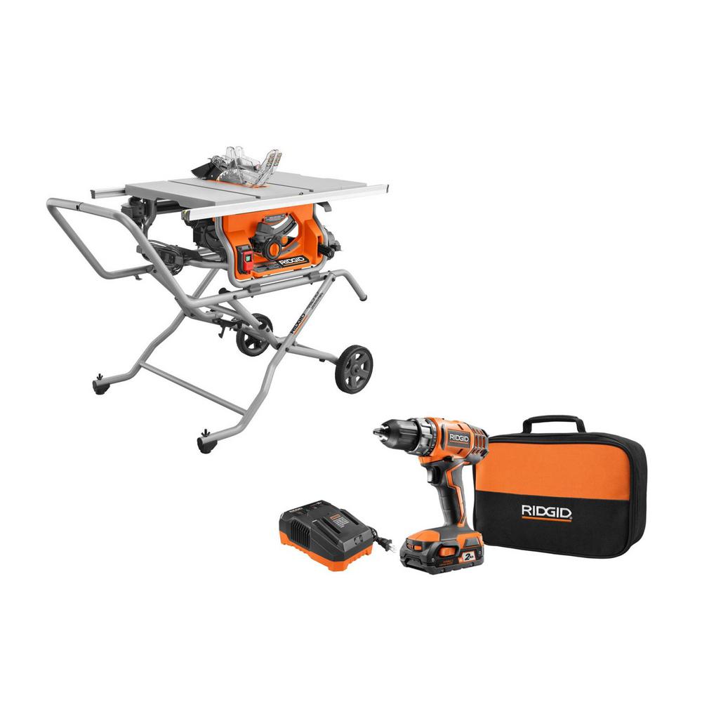 10 in. Pro Jobsite Table Saw with Stand and 18-Volt Cordless Drill/Driver Kit with (1) 2.0 Ah Battery, Charger, Tool Bag