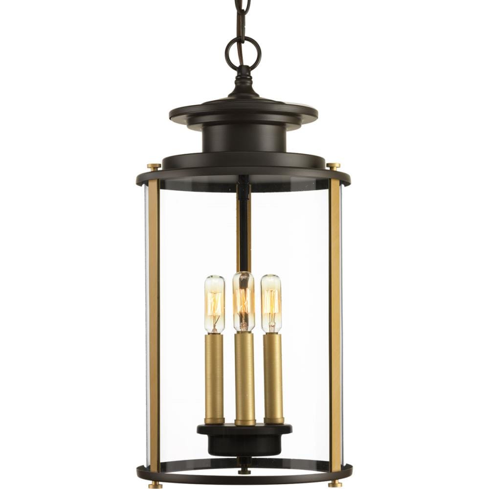 Progress Lighting Squire 3-Light Antique Bronze Traditional Clear Glass Lantern Mini Indoor/Outdoor Hanging Pendant Light