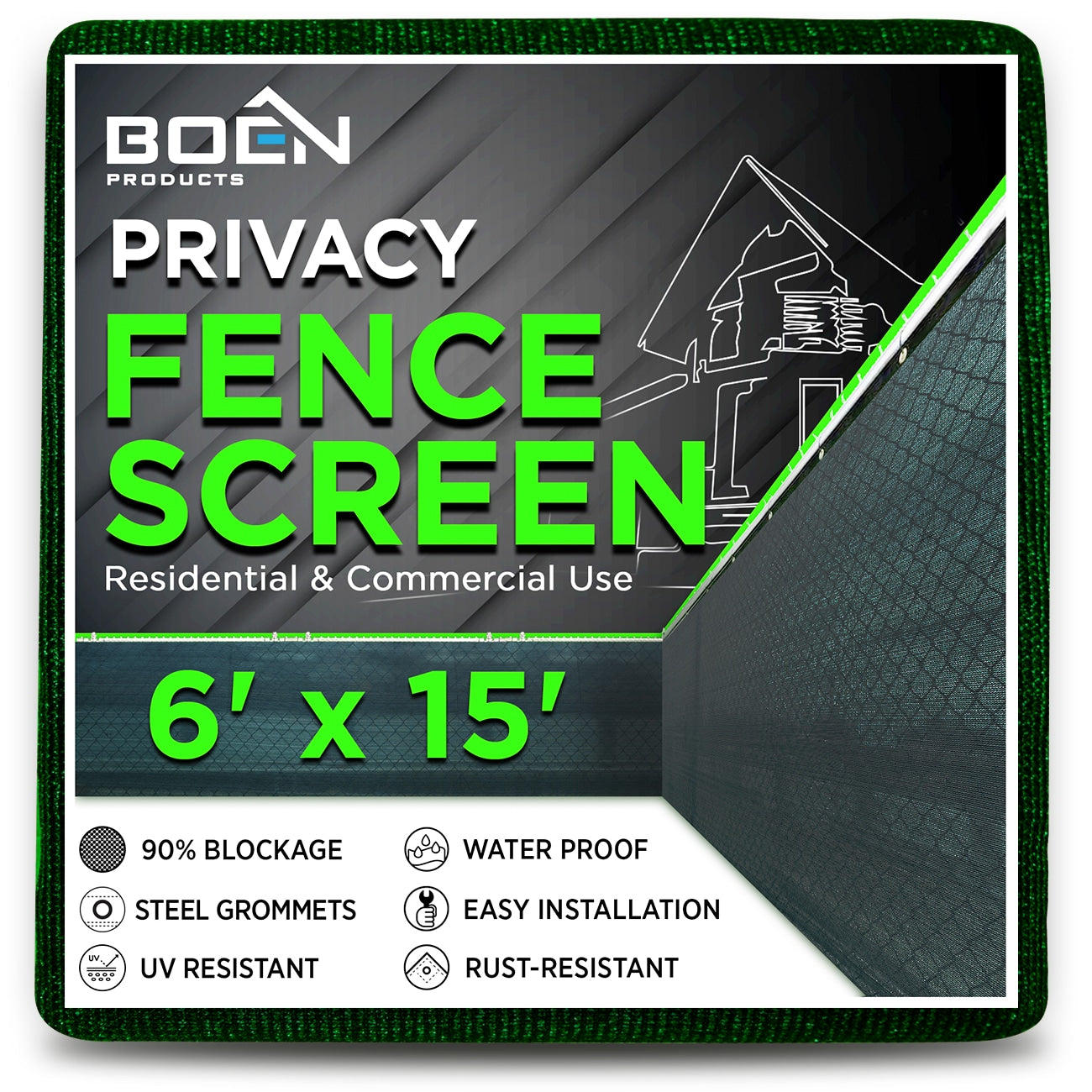 BOEN 6-ft H x 15-ft W Green Polyethelene Chain Link Fence Screen