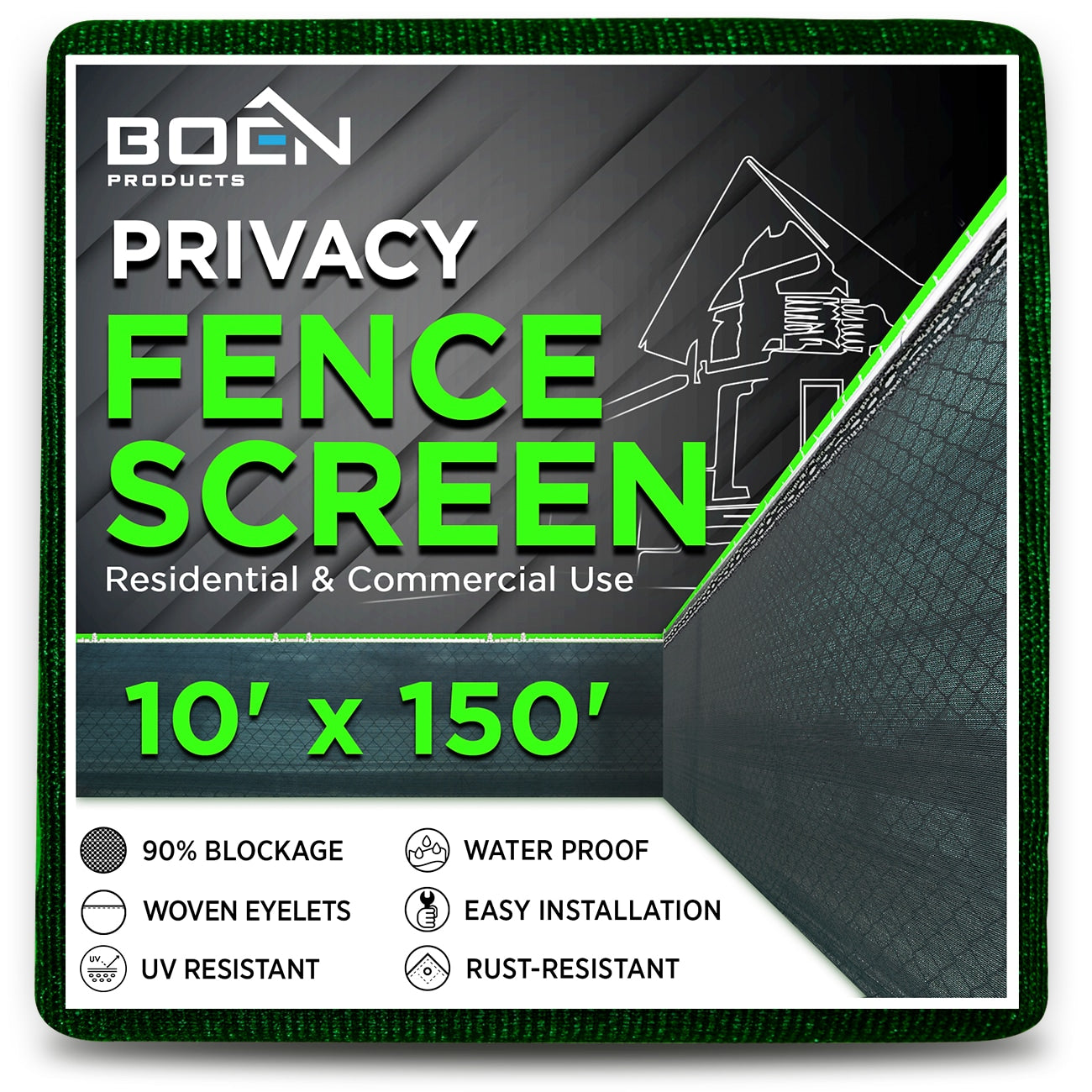 BOEN 10-ft H x 150-ft W Green Polyethelene Chain Link Fence Screen
