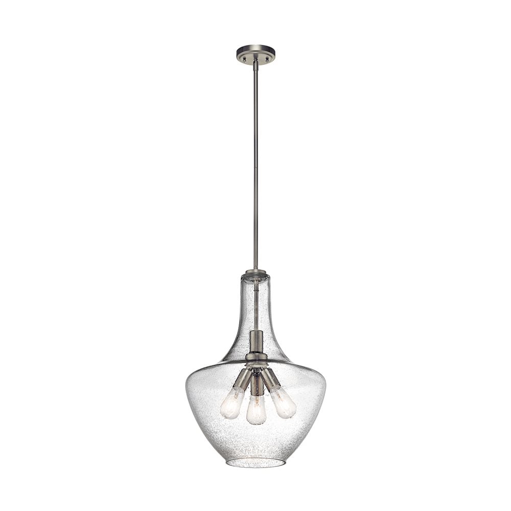 Kichler Everly 3-Light Brushed Nickel Transitional Seeded Glass Teardrop Led, Medium Hanging Pendant Light