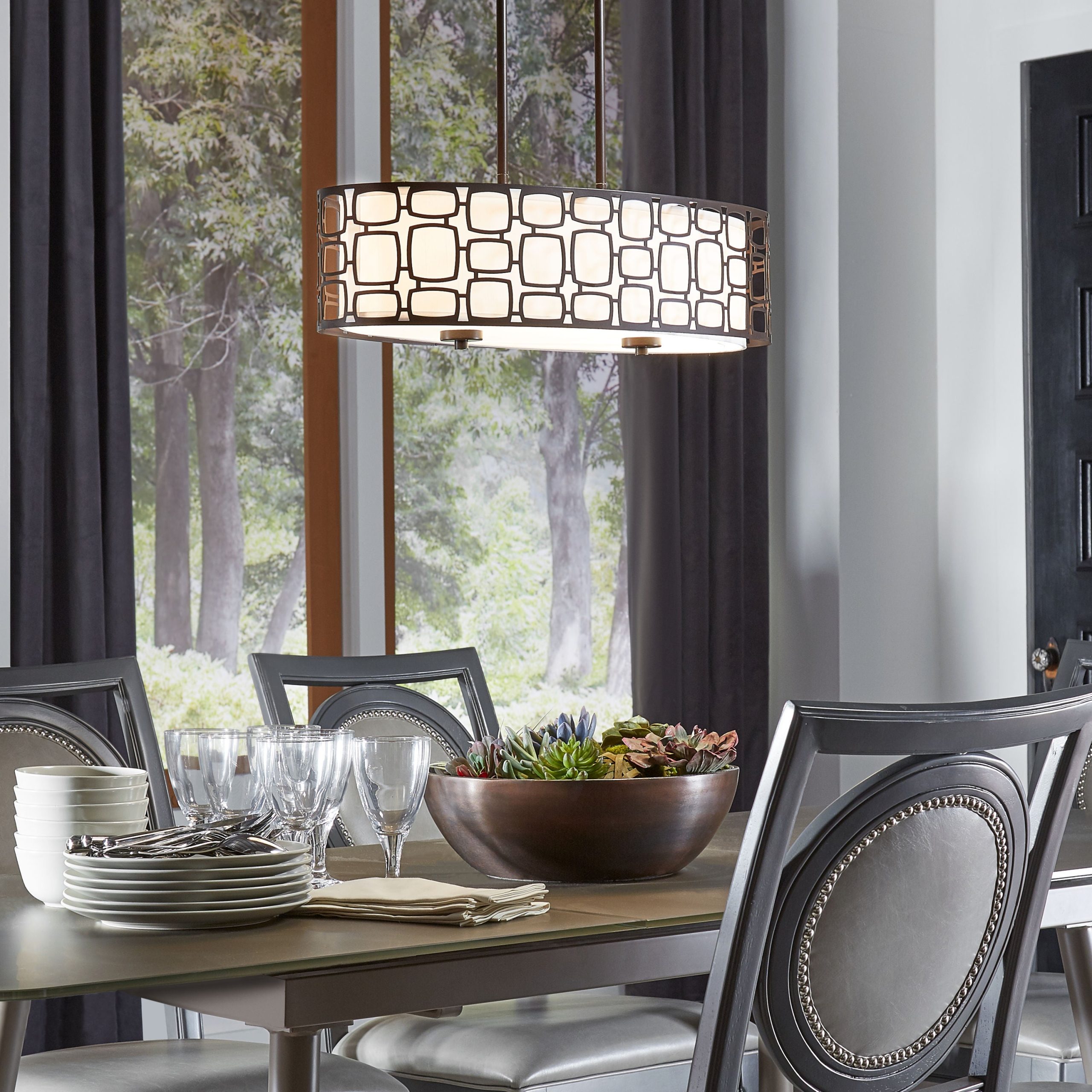 Kichler Sabine 4-Light Olde Bronze Modern/Contemporary Etched Glass Drum Large Hanging Pendant Light