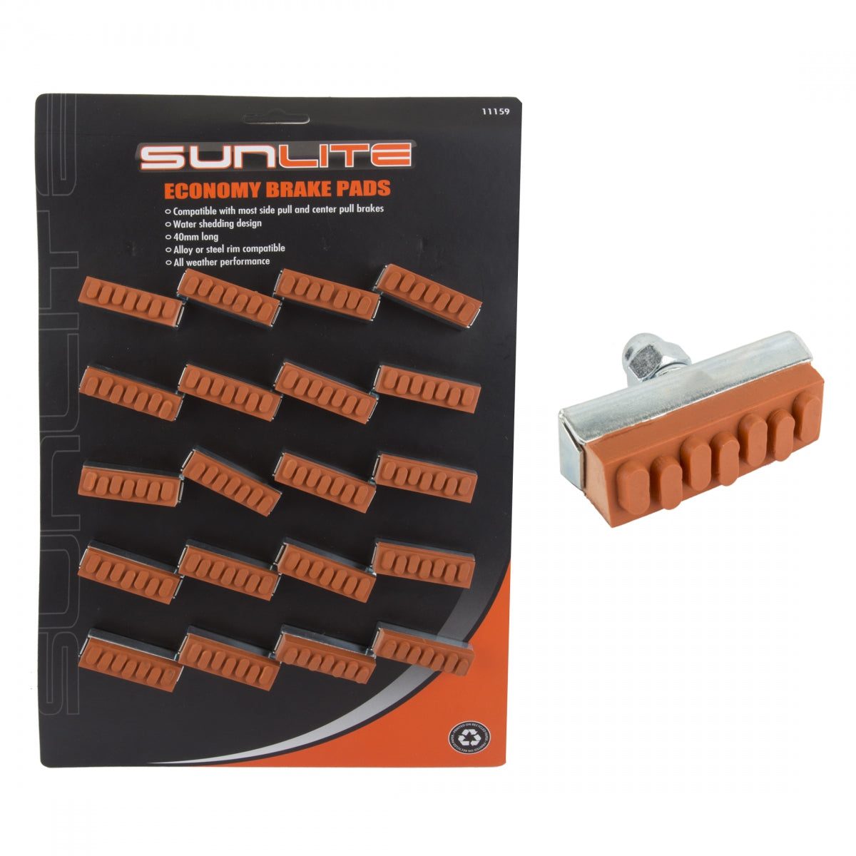 Sunlite Bicycle Brake Pads - Compatible, Water-Directed Retro-Red Road Brake Shoes, Card of 10 & 12 Pairs for Caliper Style Bikes