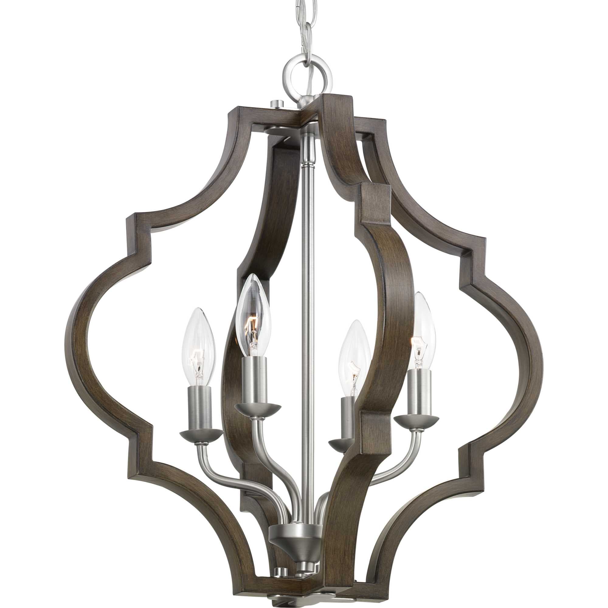 Progress Lighting Teigen 4-Light Teak Wood and Satin Nickel Farmhouse Geometric Medium Hanging Pendant Light