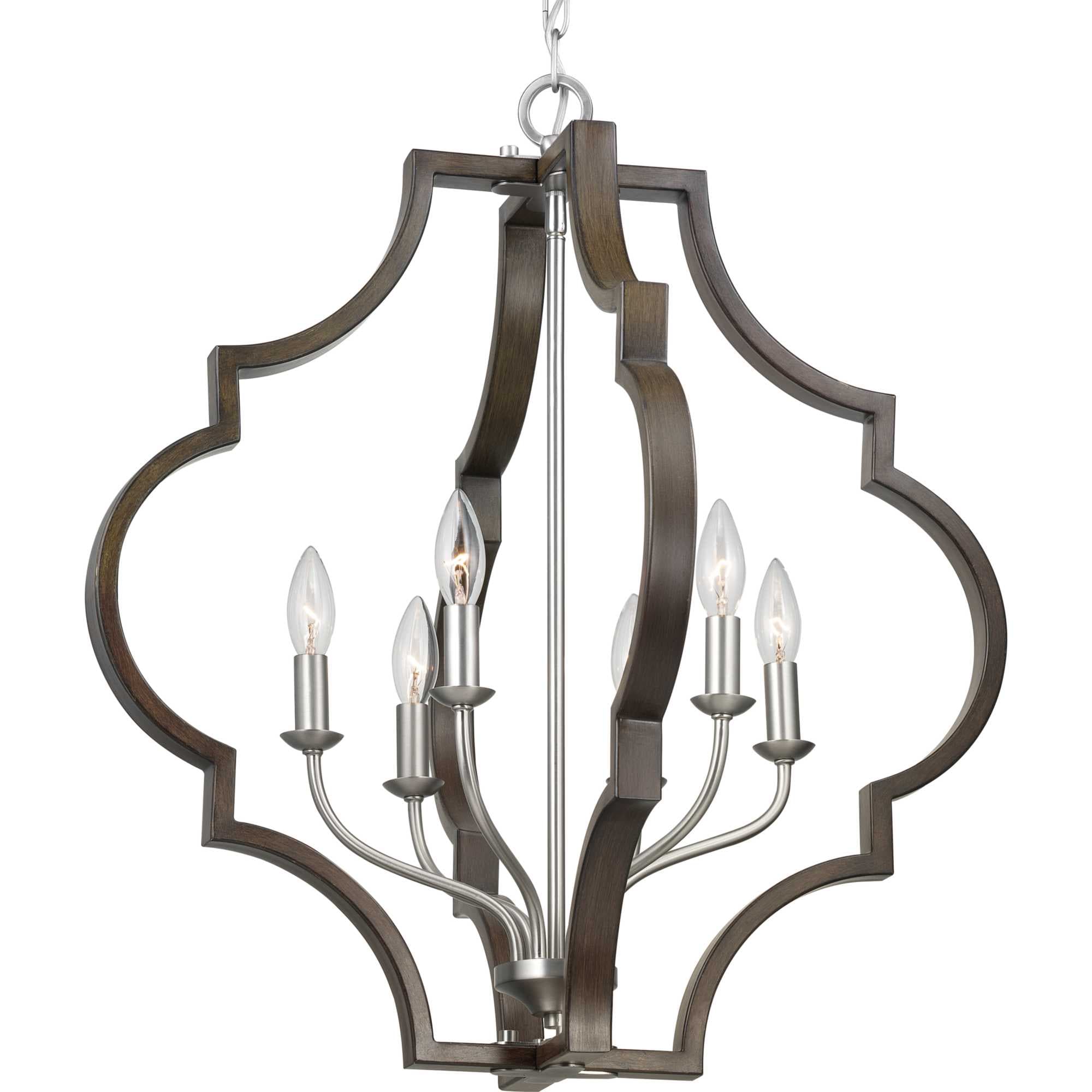 Progress Lighting Teigen 6-Light Teak Wood and Satin Nickel Farmhouse Geometric Large Hanging Pendant Light
