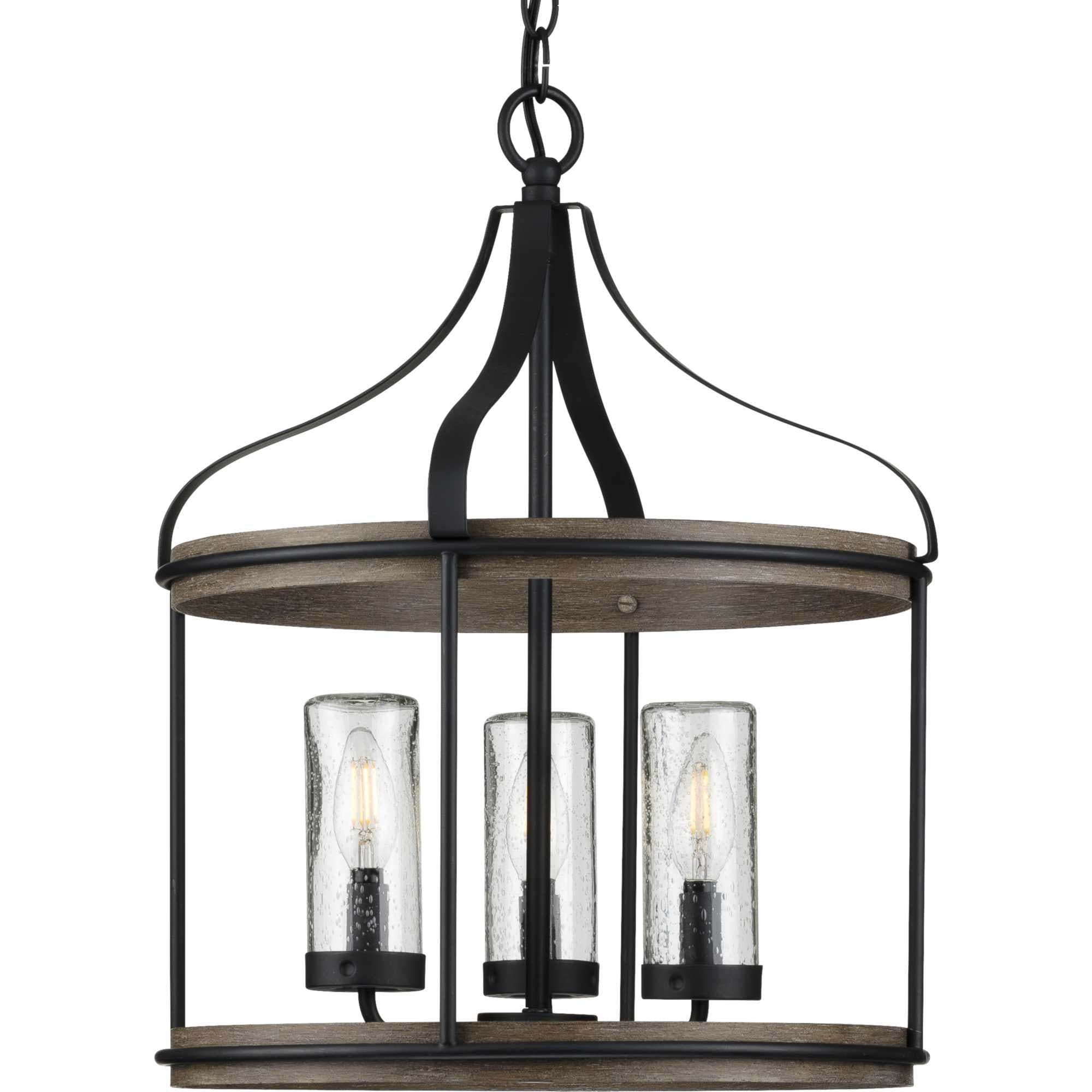 Progress Lighting Brenham 3-Light Matte Black Farmhouse Seeded Glass Cylinder Medium Indoor/Outdoor Hanging Pendant Light
