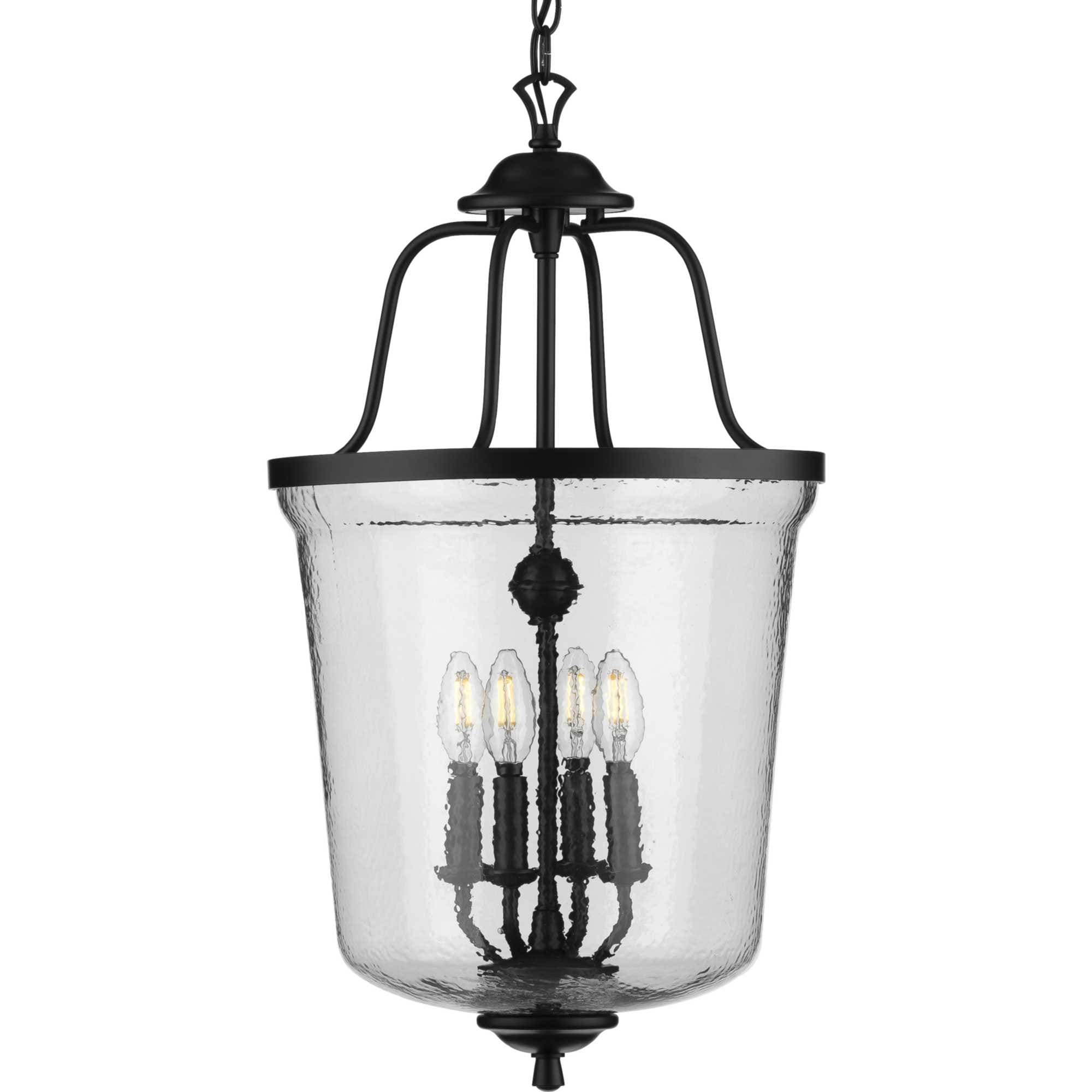 Progress Lighting Bowman 4-Light Matte Black Coastal Clear Glass Bell Medium Hanging Pendant Light
