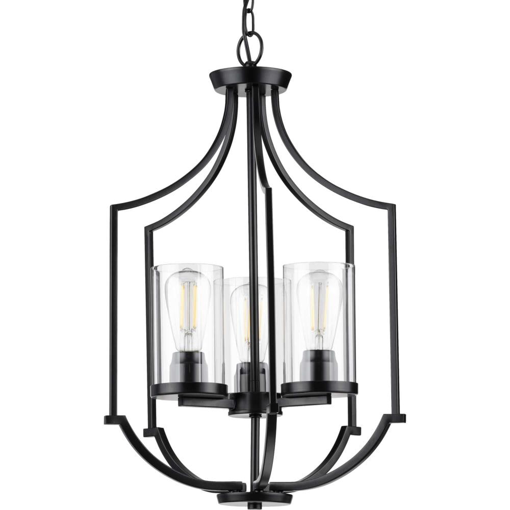 Progress Lighting Lassiter 3-Light Black Traditional Clear Glass Cylinder Medium Hanging Pendant Light