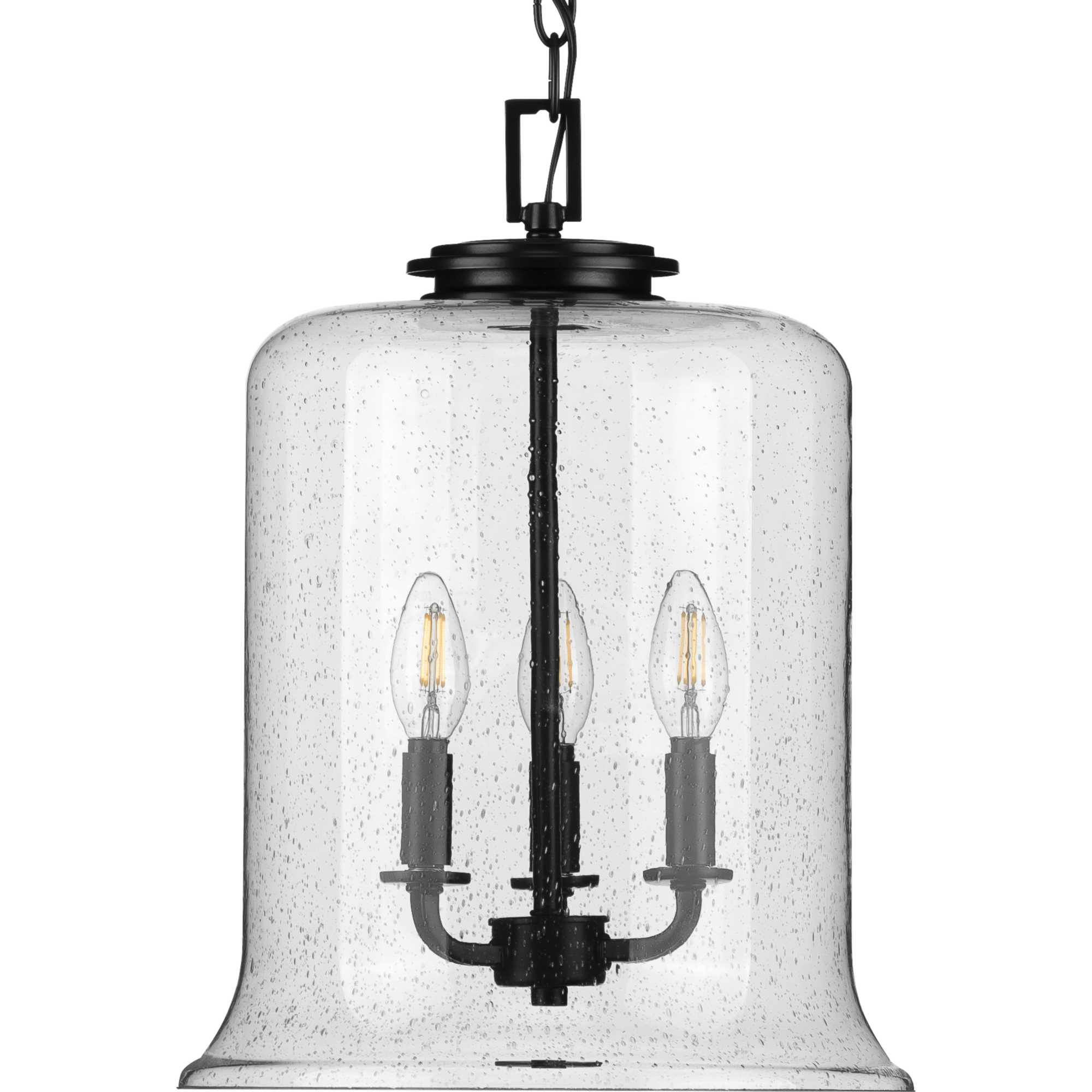 Progress Lighting Winslett 3-Light Matte Black Coastal Seeded Glass Cylinder Medium Hanging Pendant Light