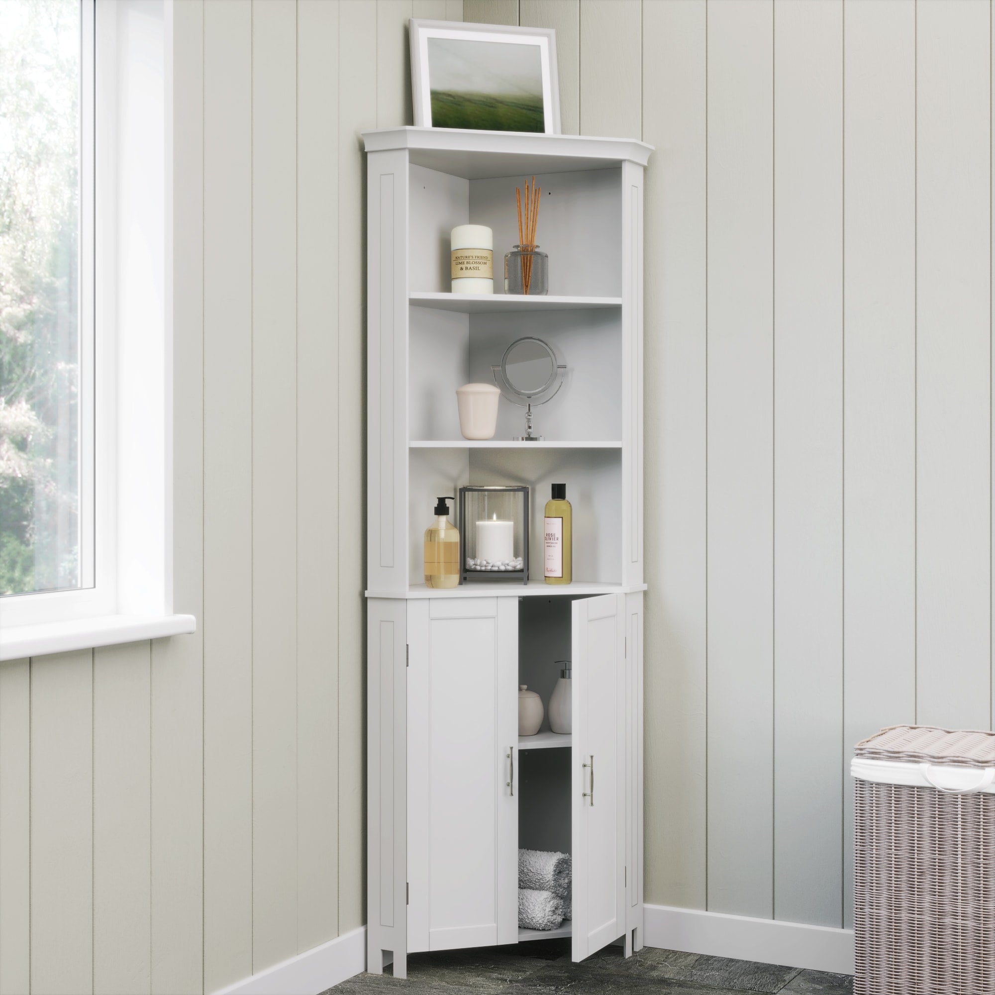 RiverRidge Somerset 26-in x 70-in x 18.31-in White Freestanding Corner Linen Cabinet