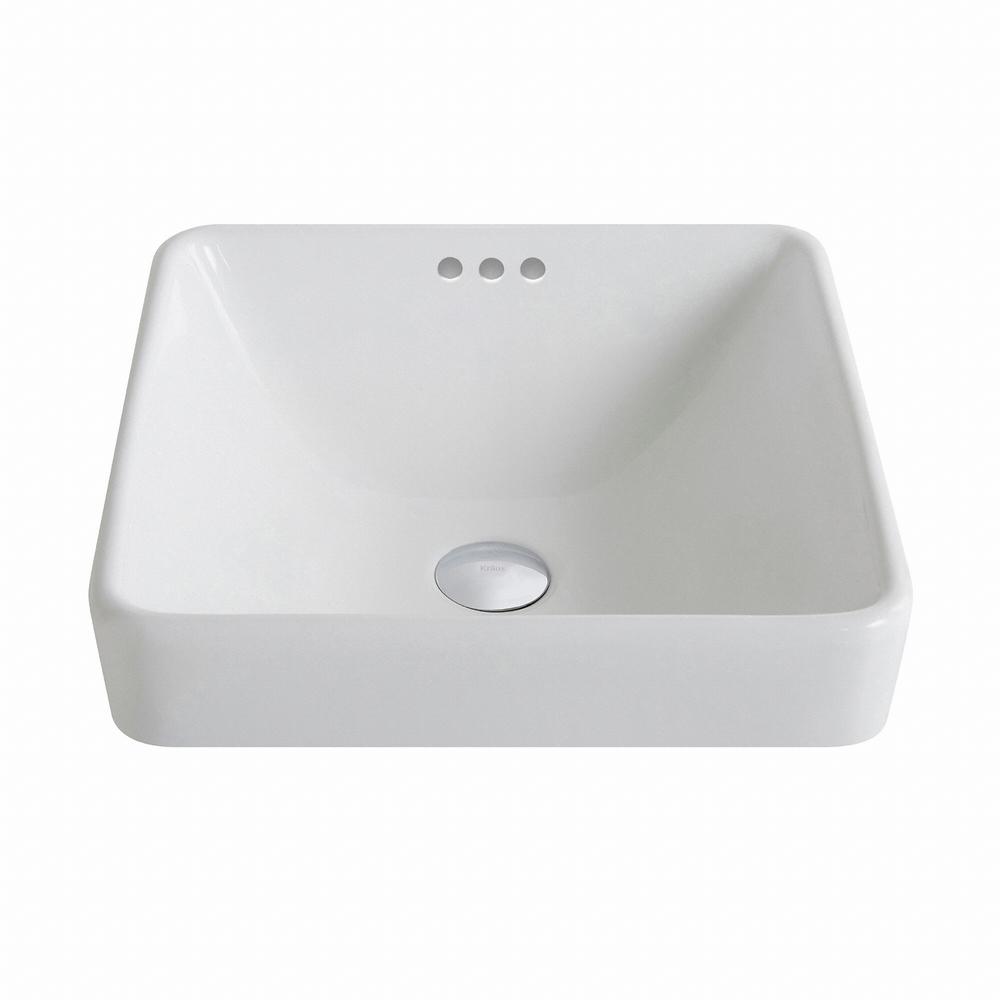 KRAUS Elavo Series Square Ceramic Semi-Recessed Bathroom Sink in White with Overflow
