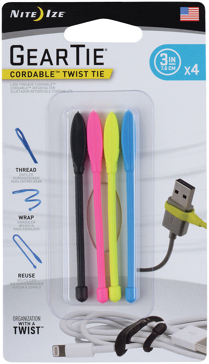 Nite Ize Gear Tie Cordable Twist Ties – Flexible, Reusable Cable Organizers for Electronics & Audio Accessories, 3" & 6" Sizes