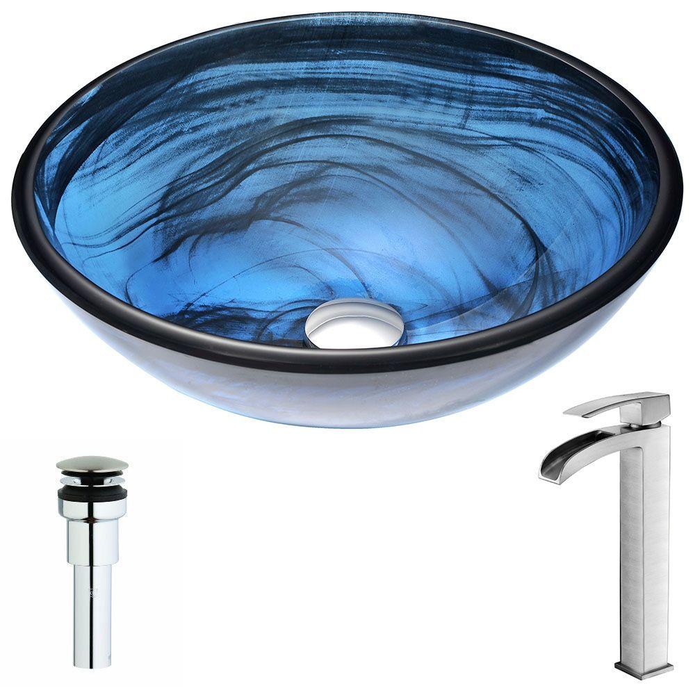 ANZZI Soave Series Deco-Glass Vessel Sink in Sapphire Wisp with Key Faucet in Brushed Nickel