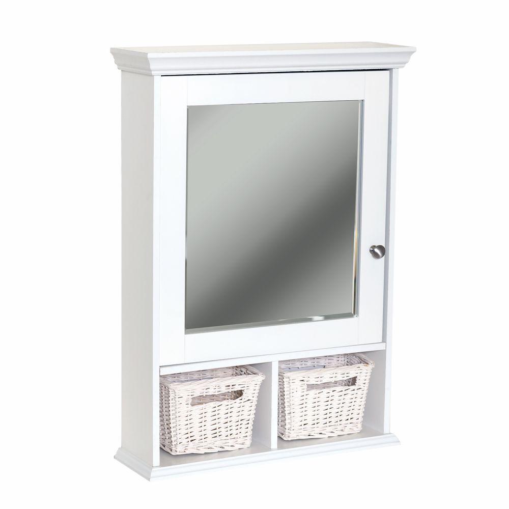 21 in. x 29 in. Wood Surface Mount Medicine Cabinet with Baskets in White with Beveled Mirror