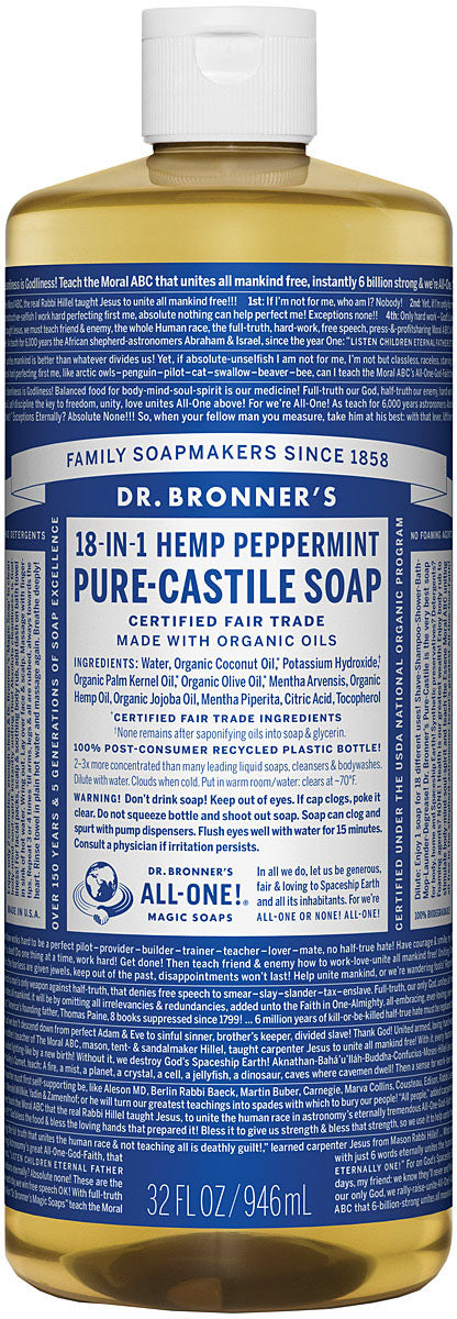 Dr. Bronner's Peppermint Liquid Soap 32 Oz - All-in-One Soap & Shampoo