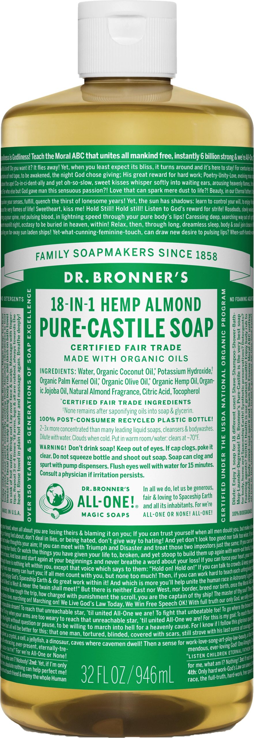 Dr. Bronner's Almond Liquid Soap & Shampoo - 32 Oz All-in-One Cleanser