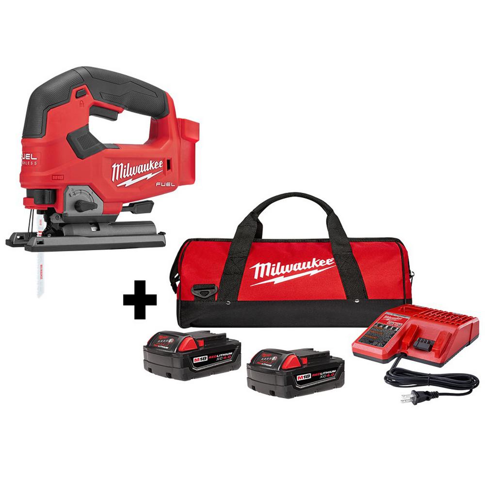 M18 FUEL 18-Volt Lithium-Ion Brushless Cordless Jig Saw with Two 4.0 Ah Batteries, Charger and Contractor Bag