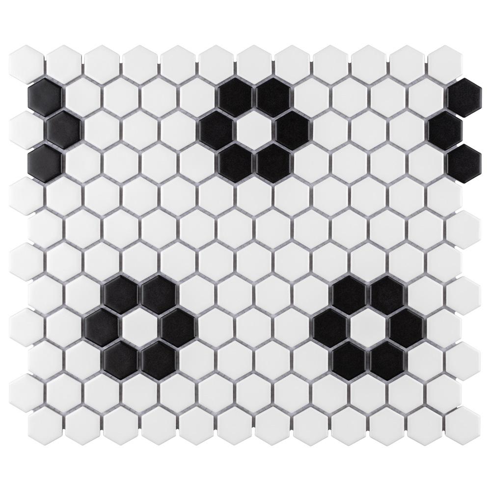 Merola Tile Metro Hex Matte White with Flower 10-1/4 in. x 11-3/4 in. x 6mm Porcelain Mosaic Tile (8.56 sq. ft. / Case)