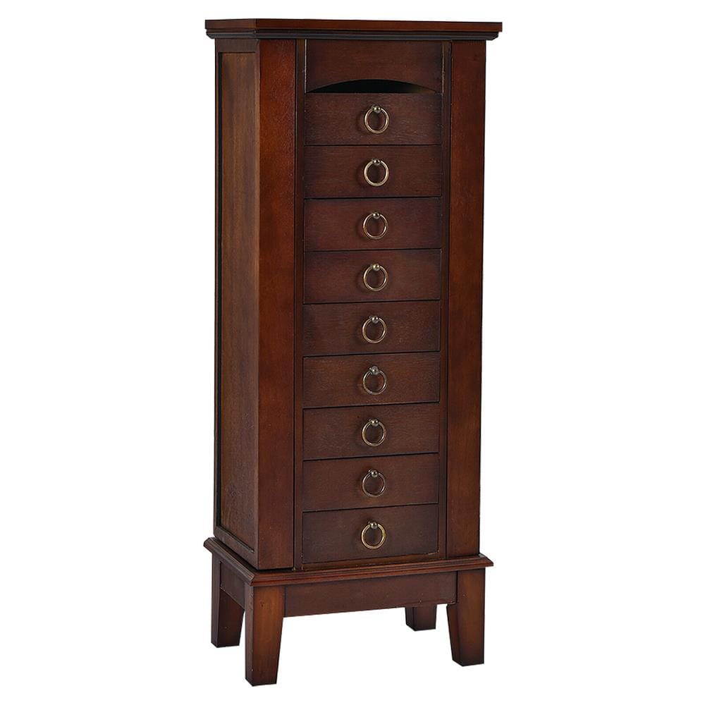 Costway Contemporary Walnut Jewelry Armoire with 9 Drawers and Partitioned Storage, Freestanding Floor Cabinet with Mirror