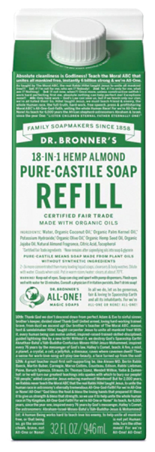 Dr. Bronner's Almond 32 Oz Refill Carton: Pure Castile Soap for Gentle Cleansing