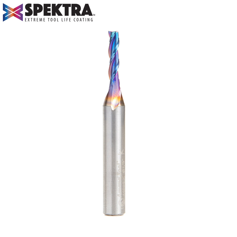Amana 46001-K Solid Carbide Spektra, Extreme Tool Life Coated Spiral Plunge 1/8 Dia x 1/2 x 1/4 Inch Shank Up-Cut, 3-Flute