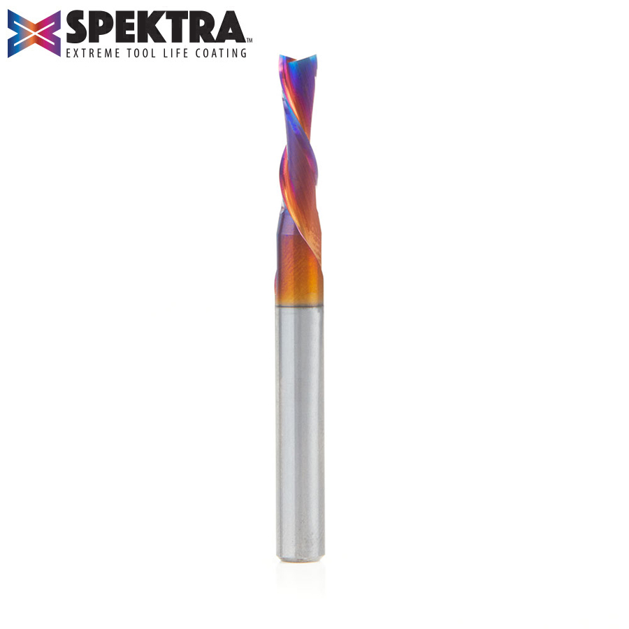Amana 46211-K Solid Carbide Spektra, Extreme Tool Life Coated Spiral Plunge 5mm Dia x 3/4 x 1/4 Shank Down-Cut Router Bit for Drilling Shelf Pin Holes
