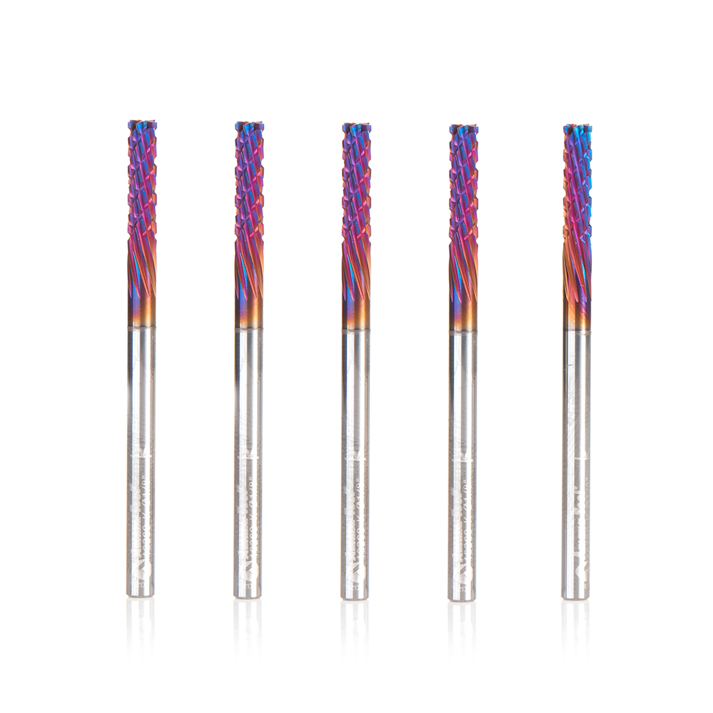 Amana 46260-K-5 5 Pack Solid Carbide CNC Spektra, Extreme Tool Life Coated Spiral Carbon Graphite & Carbon Fiber Panel Cutting 1/8 Dia x 1/2 x 1/8 Shank x 2 Inch Long Down-Cut Router Bit