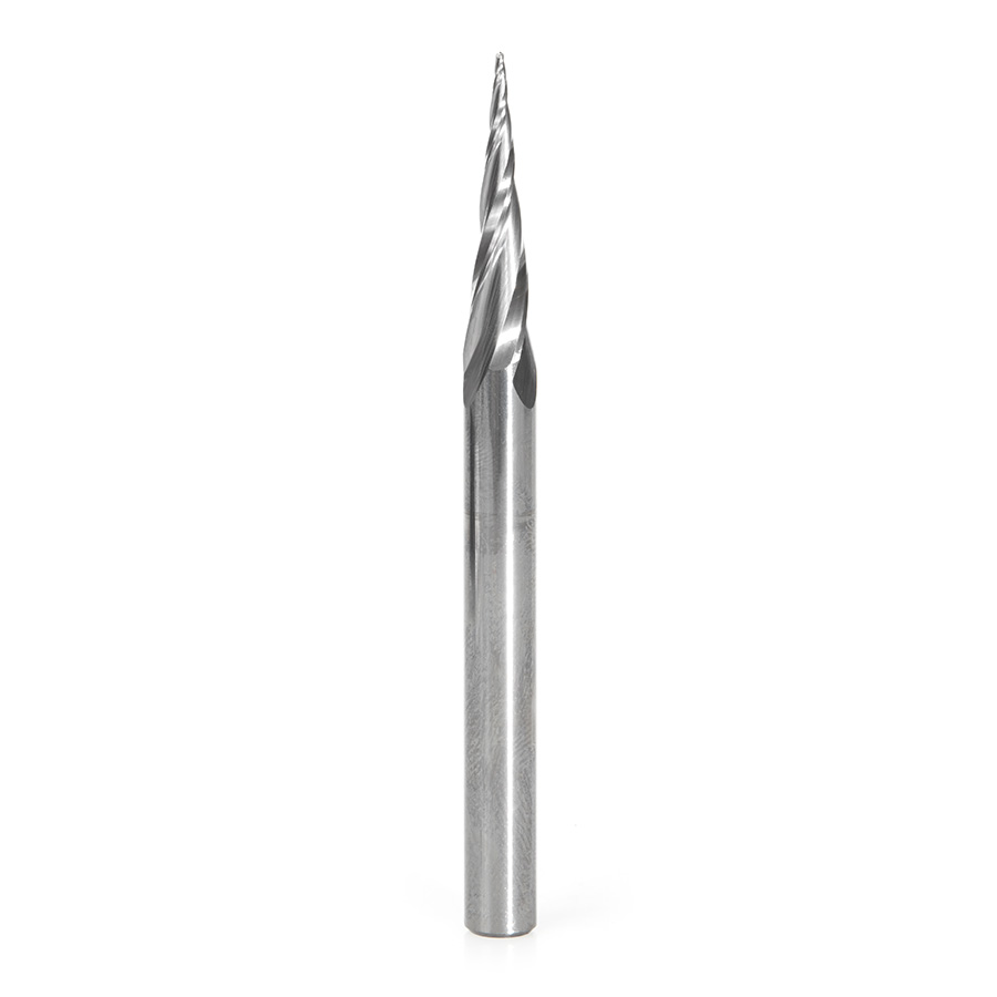 Amana 46280-U CNC 2D and 3D Carving 6.2 Deg Tapered Angle Ball Tip x 1/32 Dia x 1/64 Radius x 1 x 1/4 Shank x 3 Inch Long x 3 Flute Solid Carbide Up-Cut Spiral Router Bit
