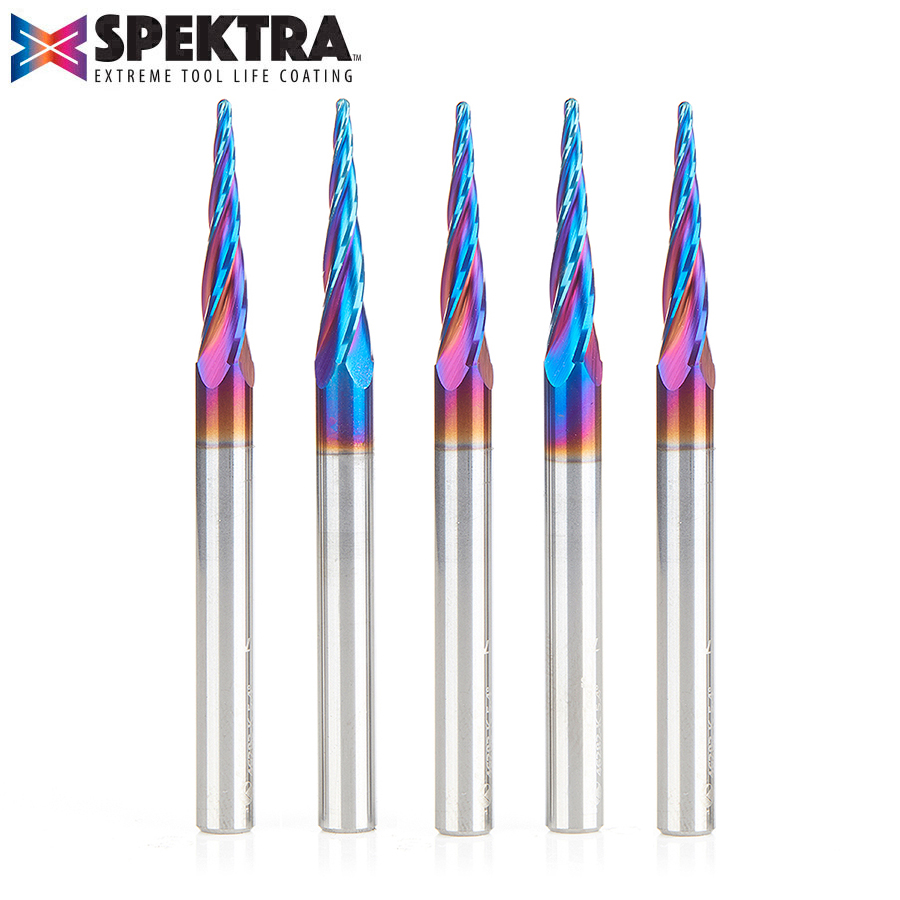 Amana 46282-K-5 5-Pack CNC 2D and 3D Carving 5.4 Deg Tapered Angle Ball Tip 1/16 Dia x 1/32 Radius x 1 x 1/4 Shank x 3 Inch Long x 4 Flute Solid Carbide Up-Cut Spiral Spektra, Extreme Tool Life Coated Router Bit