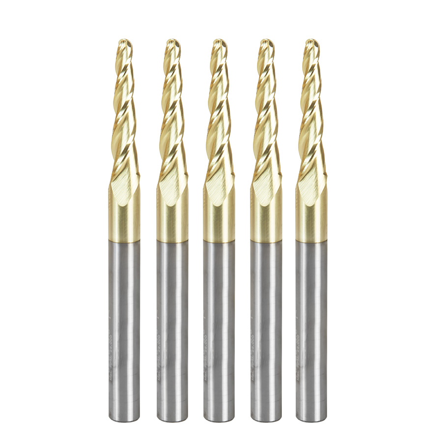 Amana 46286-5, 5-Pack CNC 2D and 3D Carving 3.6 Deg Tapered Angle Ball Tip 1/8 Dia x 1/16 Radius x 1 x 1/4 Shank x 3 Inch Long x 3 Flute Solid Carbide Up-Cut Spiral ZrN Coated Router Bits