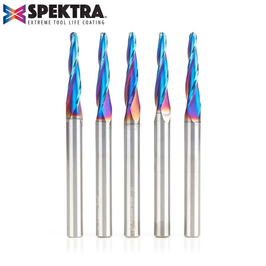 Amana 46286-K-5 5-Pack CNC 2D and 3D Carving 3.6 Deg Tapered Angle Ball Tip 1/8 Dia x 1/16 Radius x 1 x 1/4 Shank x 3 Inch Long x 3 Flute Solid Carbide Up-Cut Spiral Spektra, Extreme Tool Life Coated Router Bit