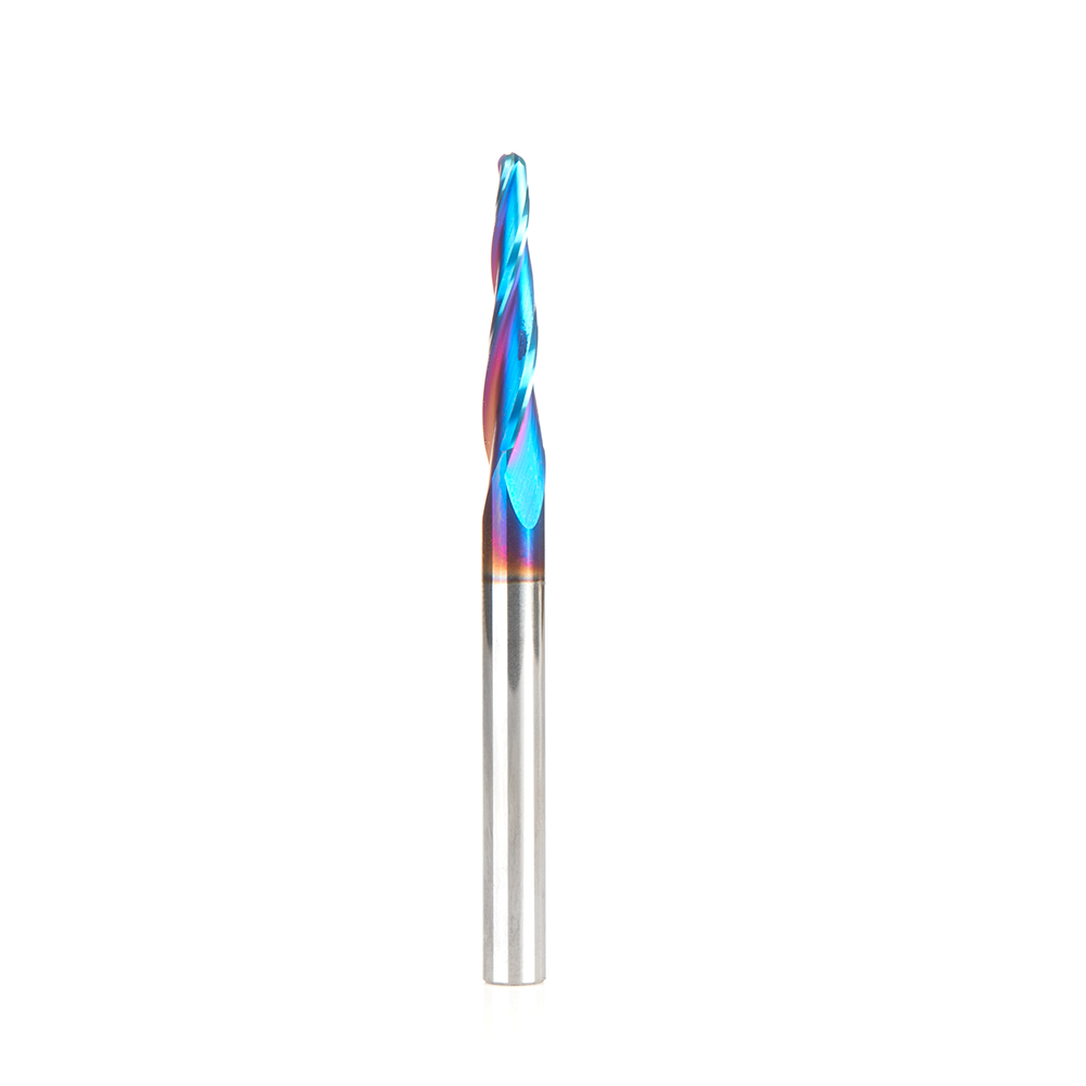 Amana 46286-K-M CNC 2D and 3D Carving 3.6 Deg Tapered Angle Ball Tip x 3.0mm Dia x 1.50mm Radius x 26mm x 6mm Shank x 75mm Long x 3 Flute Solid Carbide Up-Cut Spiral Spektra, Extreme Tool Life Coated Router Bit