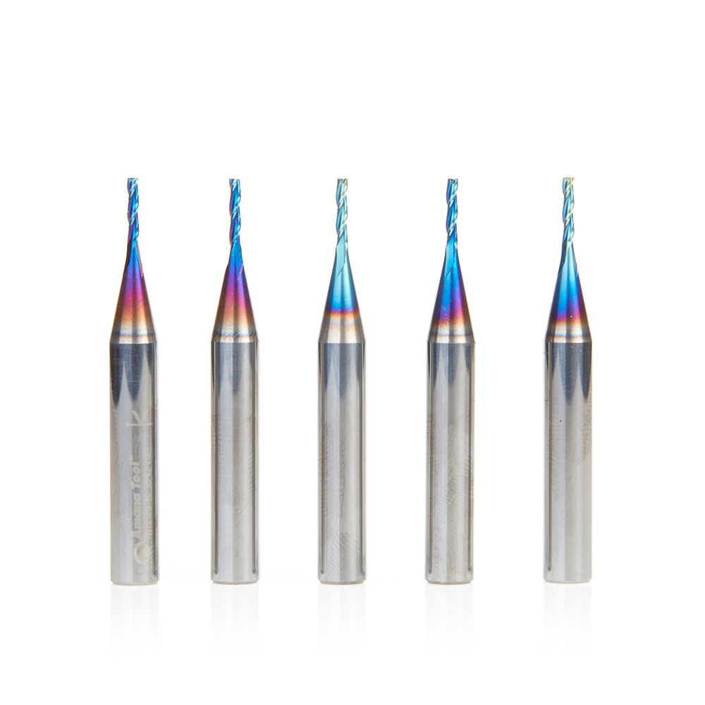 Amana 46290-K-5 5-Pack CNC 2D and 3D Carving Flat Bottom 0.10 Deg Angle x 1/16 Dia x 5/16 x 1/4 Shank x 2 Inch Long x 3 Flute Solid Carbide Up-Cut Spiral Spektra, Extreme Tool Life Coated Router Bit