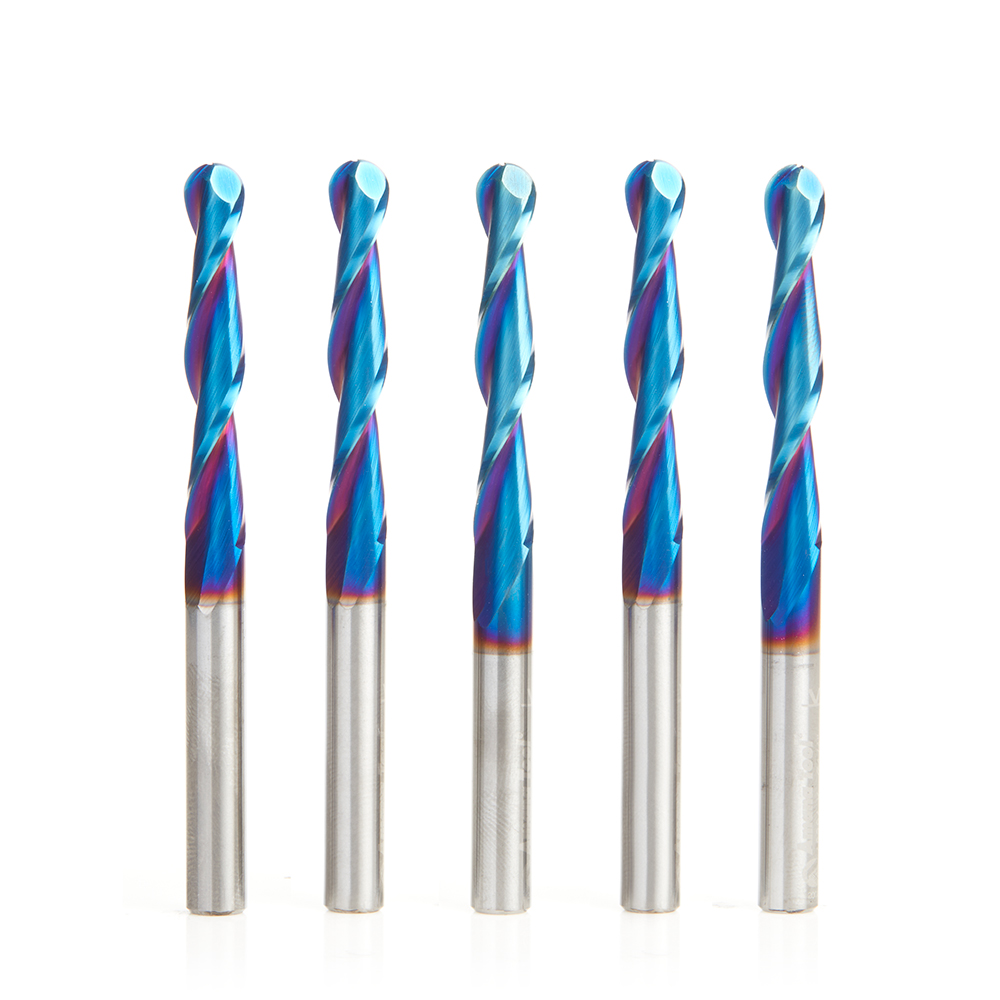 Amana 46294-K-5 5-Pack CNC 2D and 3D Carving 0.10 Deg Straight Angle Ball Tip 1/4 Dia x 1/8 Radius x 1-1/2 x 1/4 Shank x 3 Inch Long x 2 Flute Solid Carbide Spektra, Extreme Tool Life Coated Router Bit