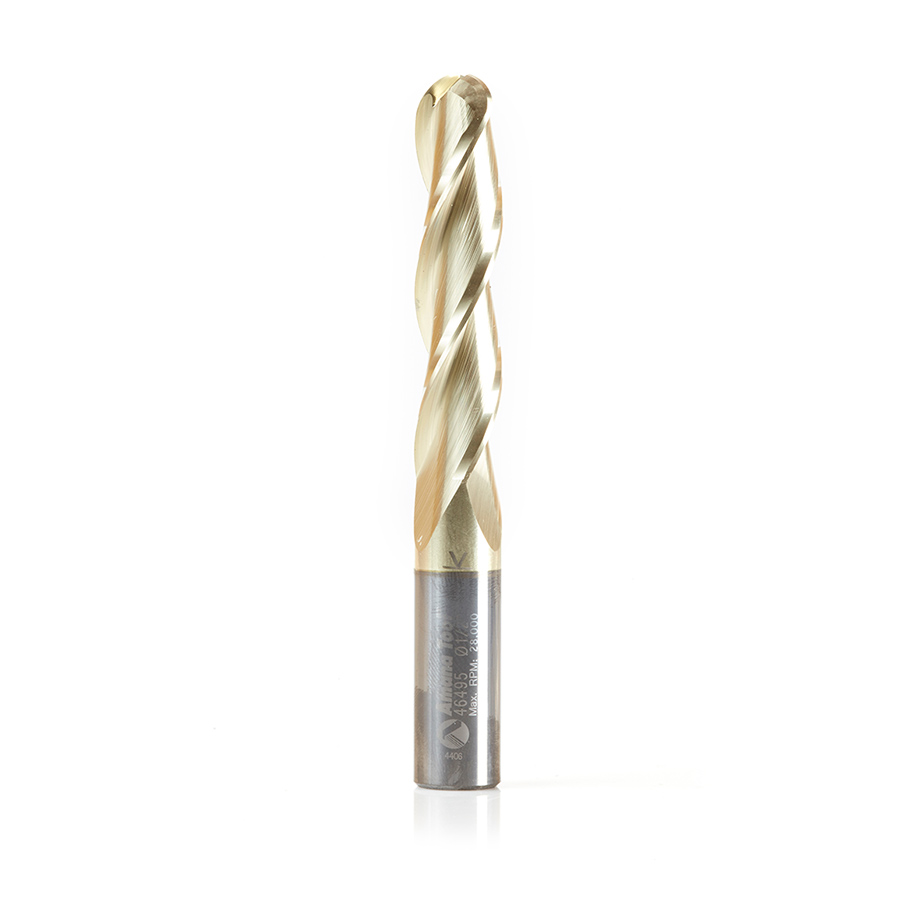 Amana 46495 CNC 2D and 3D Carving 0.10 Deg Straight Angle Ball Tip 1/2 Dia x 1/4 Radius x 2-1/4 x 1/2 Shank x 4 Inch Long x 3 Flute Solid Carbide ZrN Coated