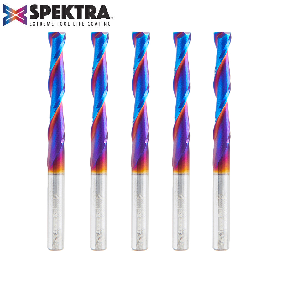 Amana 46577-K-5 5-Pack CNC 2D and 3D Carving Flat Bottom 0.10 Deg Angle x 1/4 Dia x 1-1/2 x 1/4 Shank x 3″ Long x 2 Flute Solid Carbide Up-Cut Spiral Spektra™ Coated Router Bit