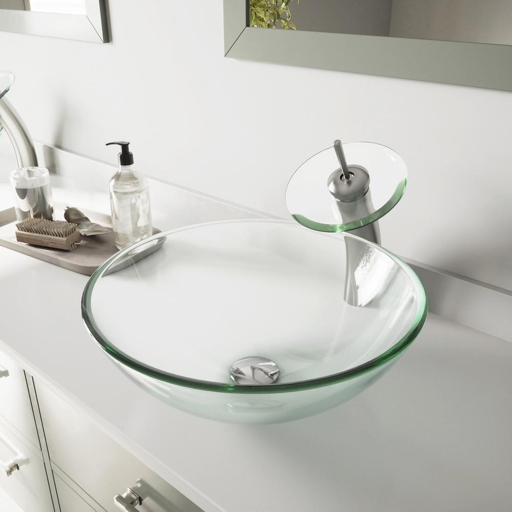 VIGO Glass Vessel Bathroom Sink in Clear Crystalline Glass with Waterfall Faucet Set in Brushed Nickel
