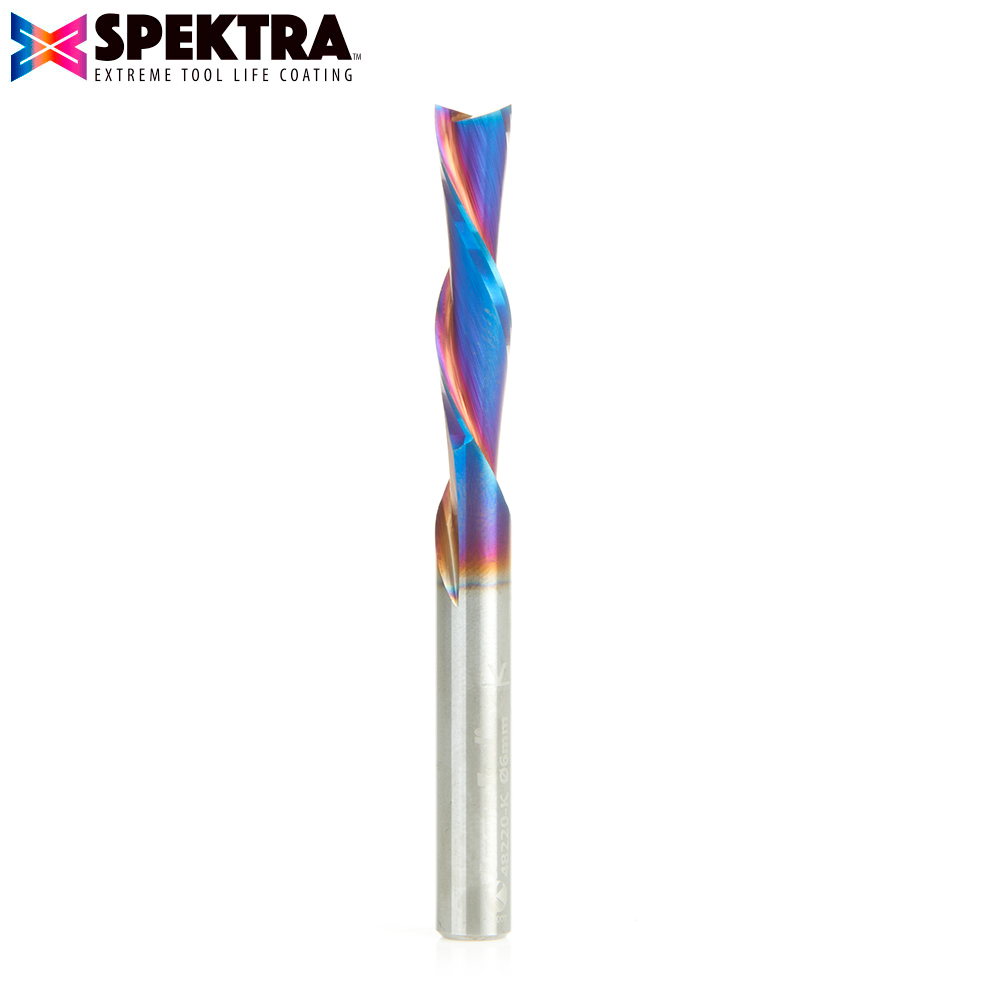 Amana 48220-K Solid Carbide Spektra, Extreme Tool Life Coated Spiral Plunge 6mm Dia x 25mm x 6mm Shank for Drilling Shelf Pin Holes