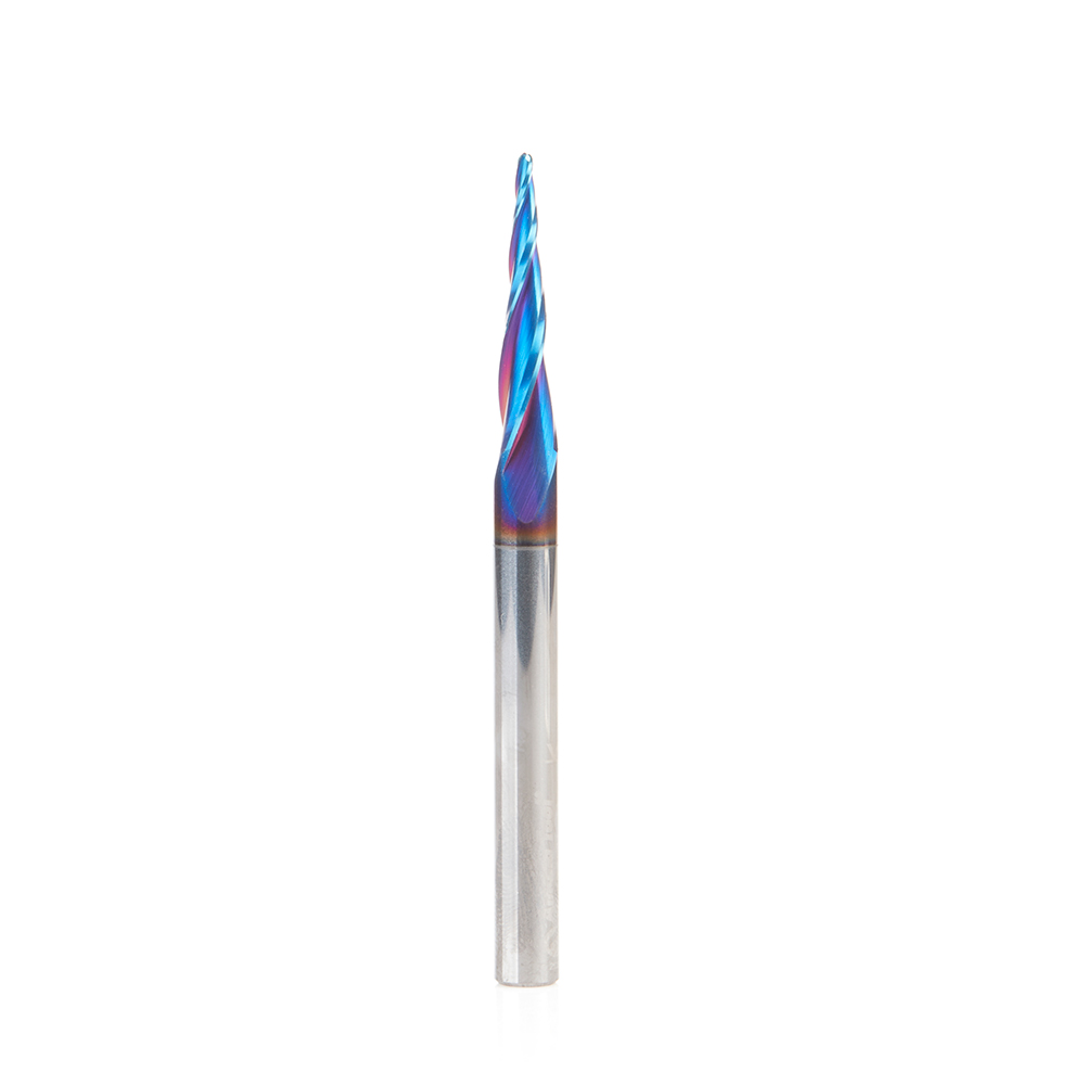 Amana 48420-K-M CNC 2D and 3D Carving 5.0 Deg Tapered Angle Ball Tip x 1.5mm Dia x 0.75mm Radius x 26mm x 6mm Shank x 75mm Long x 3 Flute Solid Carbide Up-Cut Spiral Spektra, Extreme Tool Life Coated Router Bit