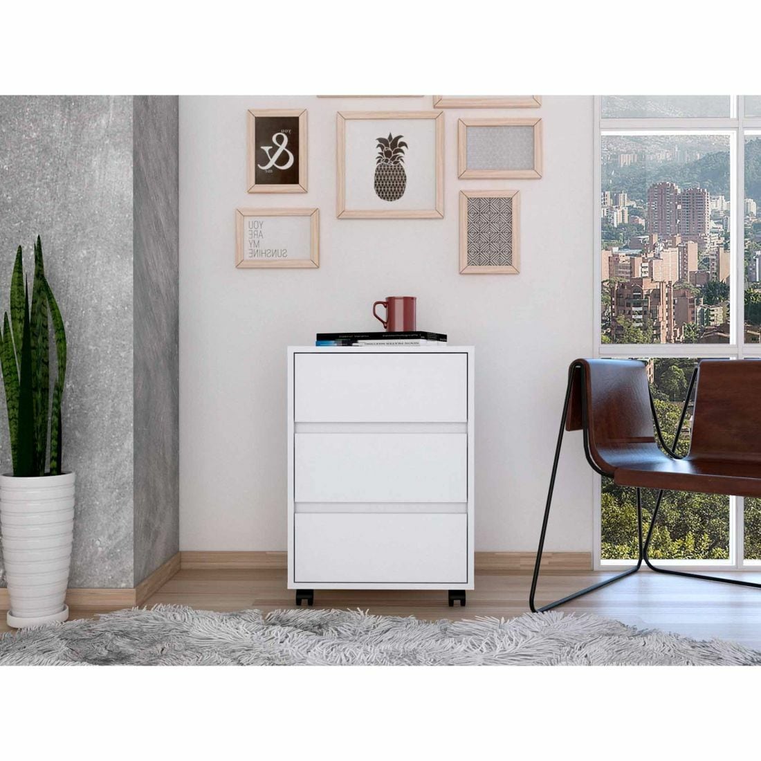 HomeRoots White Three Drawer Rolling Cabinet