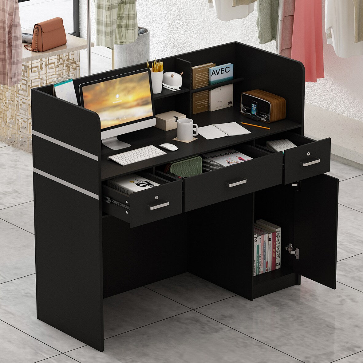 FUFU&GAGA Black Modern/Contemporary Reception Desk with Hutch, 3 Drawers, and Lockable Cabinet