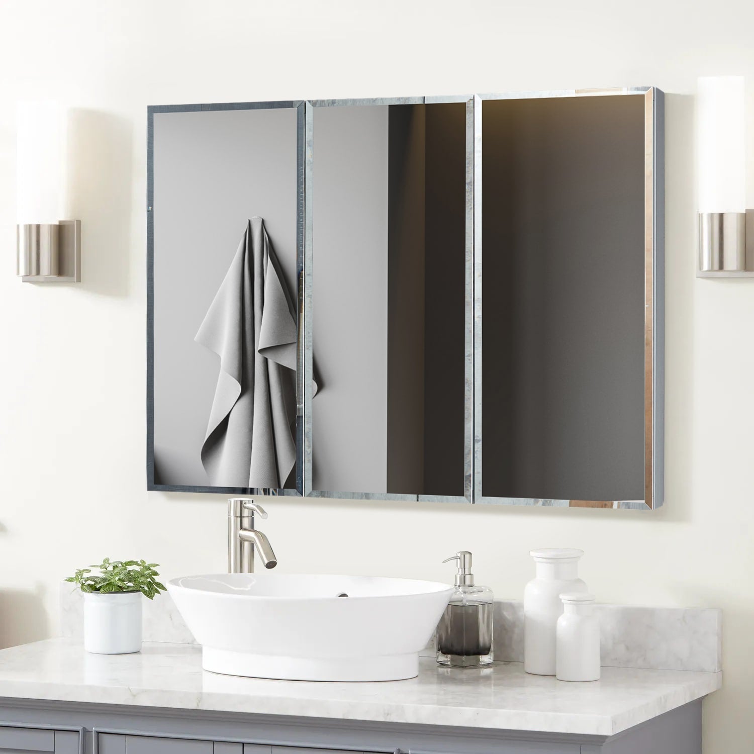 Forclover KF 48-in x 36-in Surface/Recessed Mount Satin Mirrored Soft Close Medicine Cabinet