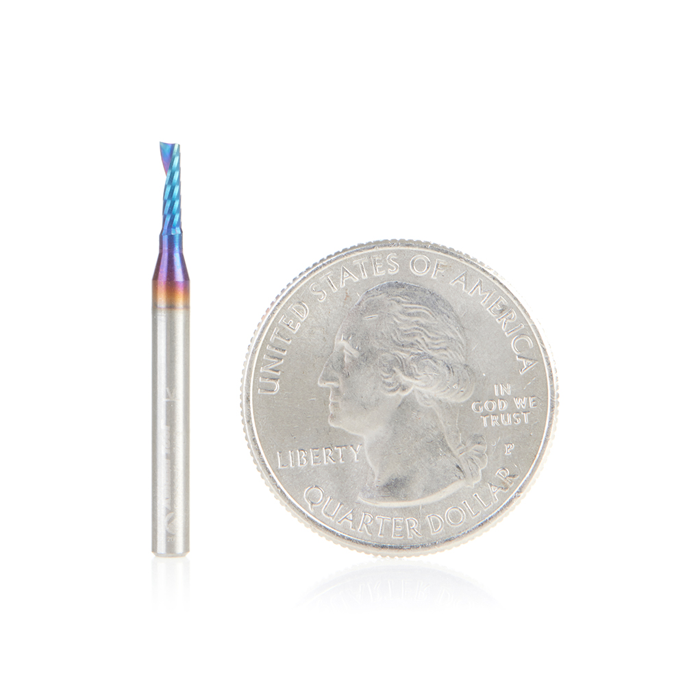 Amana 51398-K Solid Carbide CNC Spektra, Extreme Tool Life Coated Spiral ‘O’ Flute, Plastic Cutting 1.8mm Dia x 6mm x 3mm Shank Up-Cut Router Bit