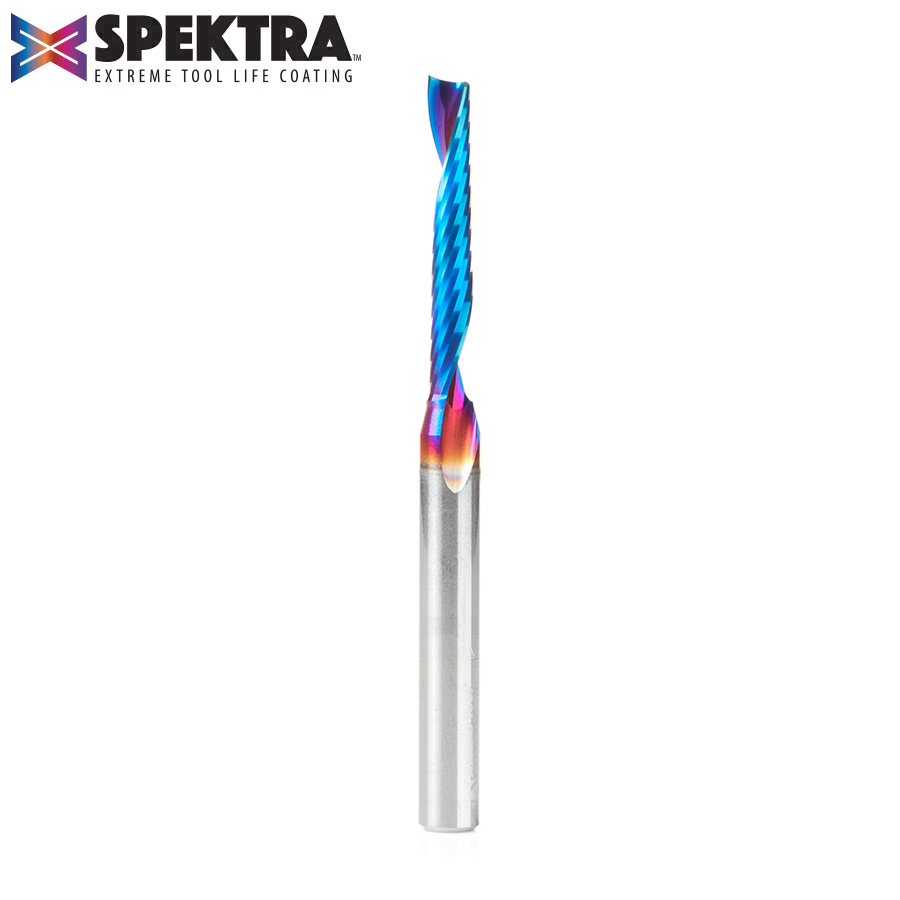 Amana 51418-K Solid Carbide CNC Spektra, Extreme Tool Life Coated Spiral ‘O’ Single Flute, Plastic Cutting 3/16 Dia x 1-1/4 x 1/4 Shank x 3 Inch Long Up-Cut Router Bit