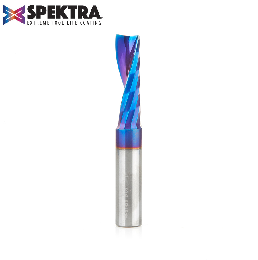 Amana 51428-K Solid Carbide CNC Spektra, Extreme Tool Life Coated Spiral ‘O’ Flute, Plastic Cutting 1/2 Dia x 1-5/8 x 1/2 Inch Shank Up-Cut Router Bit
