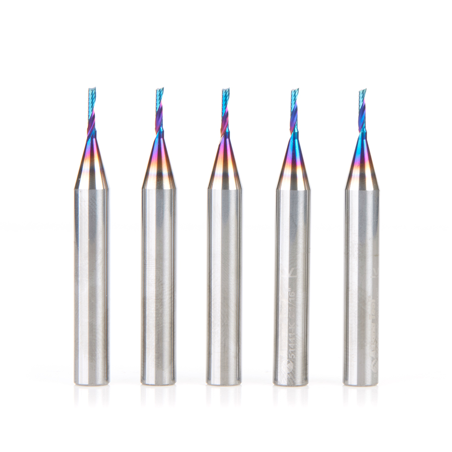 Amana 51441-K-5 5 Pack Solid Carbide CNC Spektra, Extreme Tool Life Coated Spiral ‘O’ Single Flute, Plastic Cutting 1/16 Dia x 1/4 x 1/4 Shank x 2 Inch Long Up-Cut Router Bit