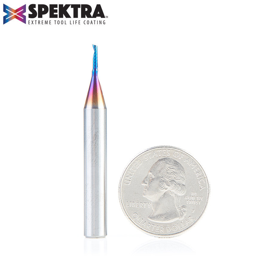 Amana 51441-K Solid Carbide CNC Spektra, Extreme Tool Life Coated Spiral ‘O’ Single Flute, Plastic Cutting 1/16 Dia x 1/4 x 1/4 Shank x 2 Inch Long Up-Cut Router Bit